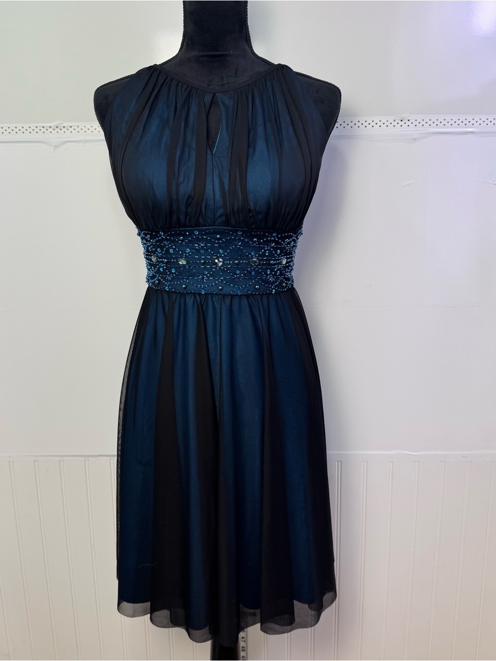 Jessica Howard Teal Satin Black Chiffon Beaded Cocktail Dress 6P Formal Midi